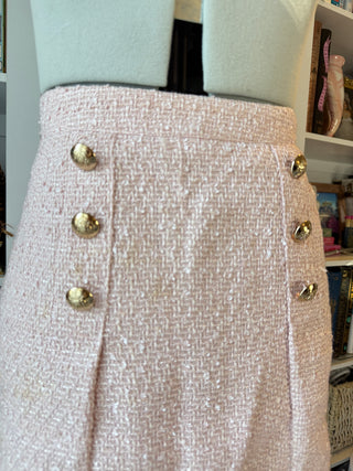 Lauren James Pink Tweed Mini Skirt with Gold Crest Buttons – Size M
