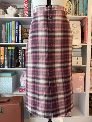 Reversible Plaid Skirt 17" Waist Purple Pink & Cream Button Front Wool-Blend Look