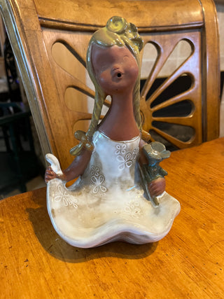 Vintage Flower Girl Glazed Terra Cotta Figurine