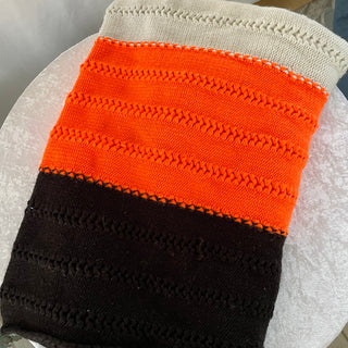 1980's handmade afghan, orange black white