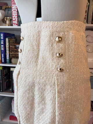 Lauren James Cream Tweed Mini Skirt with Gold Crest Buttons – Size M