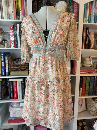 Floral Cut-Out Maxi Dress M – Romantic Cottagecore Boho Ruffle Back Tie Dress