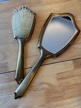 Vintage Gold Tone Hand Mirror & Hair Brush Set Floral Embossed Vanity 13"