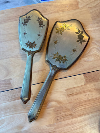 Vintage Gold Tone Hand Mirror & Hair Brush Set Floral Embossed Vanity 13"
