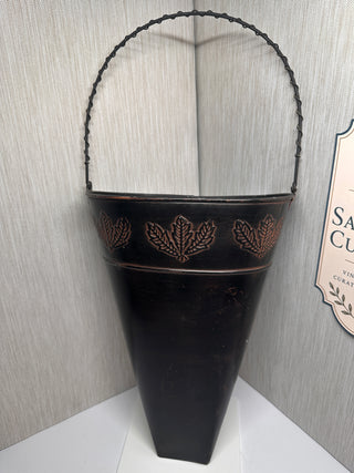 Large 21-Inch Antique Style Brown Metal Hanging Wall Vase with Embossed Leaf Detail
