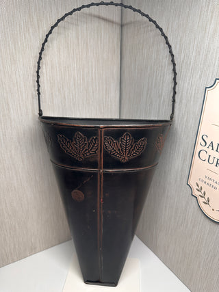 Large 21-Inch Antique Style Brown Metal Hanging Wall Vase with Embossed Leaf Detail