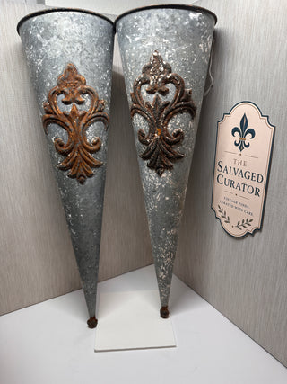 Pair of Large 22" Galvanized Metal Fleur-de-Lis Cone Wall Pockets