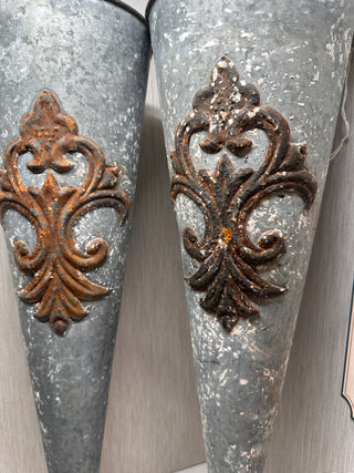Pair of Large 22" Galvanized Metal Fleur-de-Lis Cone Wall Pockets