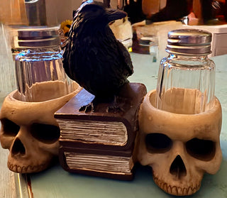 Gothic Skull Salt and Pepper Shaker Set with Raven Book Stand