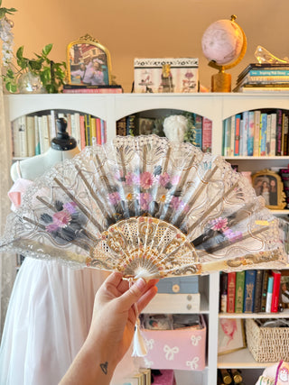 Floral Lace Folding Fan – Pink & Blue Flowers, Gold Filigree Decorative Hand Fan