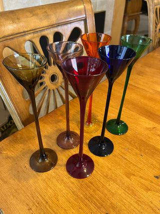 (set of 6) Vintage Colored Glass Long Stem Cordial Cocktail Glasses