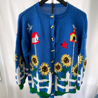 vtg handmade blue sweater w/ sunflowers & white fence