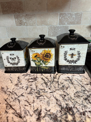 French Sunflowers 3 Pc Canister Set  w/Bees & Butterflies