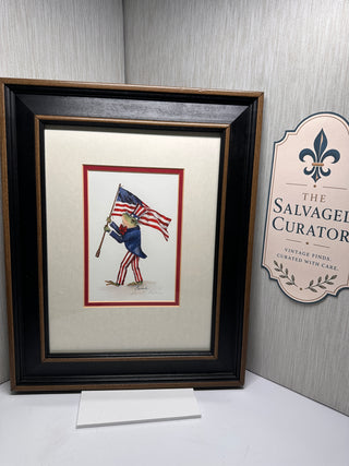 Bambi Papais Signed Watercolor Print "Patriotic Frog" Framed Americana Art
