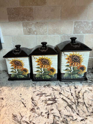 French Sunflowers 3 Pc Canister Set  w/Bees & Butterflies