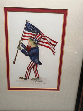 Bambi Papais Signed Watercolor Print "Patriotic Frog" Framed Americana Art
