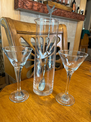 (Set of 4) Grey Goose Vodka Carafe, Two Glasses and  Matching Steel Spoon