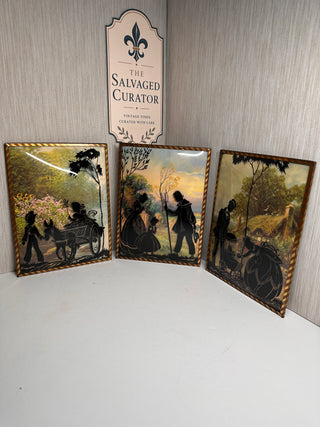 Vintage Set of 3 Reverse Painted Silhouette Pictures 8x6 Convex Bubble Glass Art
