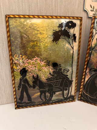 Vintage Set of 3 Reverse Painted Silhouette Pictures 8x6 Convex Bubble Glass Art
