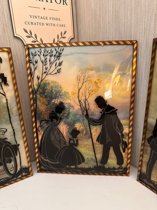 Vintage Set of 3 Reverse Painted Silhouette Pictures 8x6 Convex Bubble Glass Art