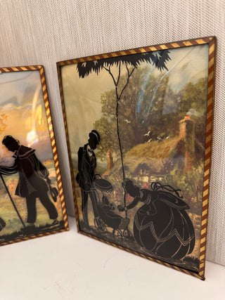Vintage Set of 3 Reverse Painted Silhouette Pictures 8x6 Convex Bubble Glass Art