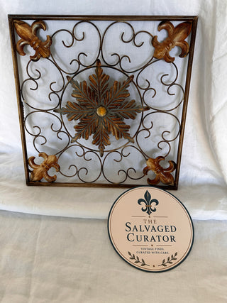 Vintage 16" Square Metal Fleur-de-lis Wall Plaque - Distressed Bronze Scrollwork