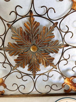 Vintage 16" Square Metal Fleur-de-lis Wall Plaque - Distressed Bronze Scrollwork