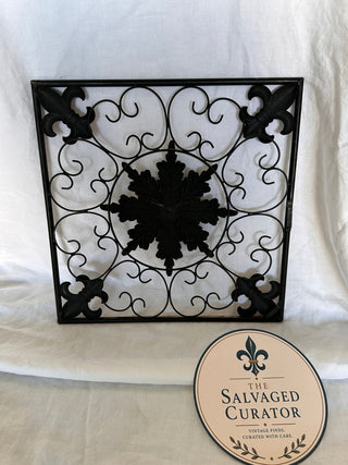 Vintage 16" Square Metal Fleur-de-lis Wall Plaque - Distressed Bronze Scrollwork