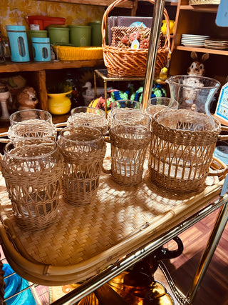 Vtg Wovan Rattan Wicker Pitcher Set with 7 Cups