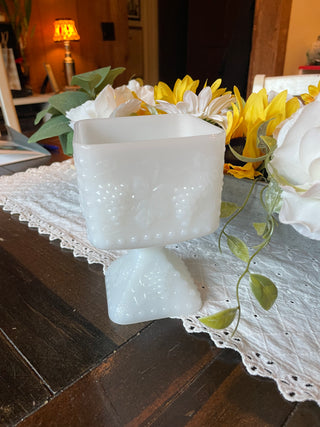Vintage Milk Glass Pedestal Planter – Grape Pattern Cachepot – Farmhouse Cottage Decor