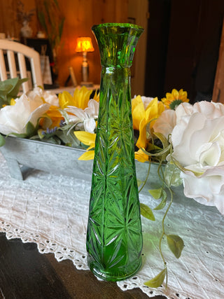 Vintage Emerald Green Glass Bud Vase | Mid-Century Starburst Floral Vase | MCM Home Decor