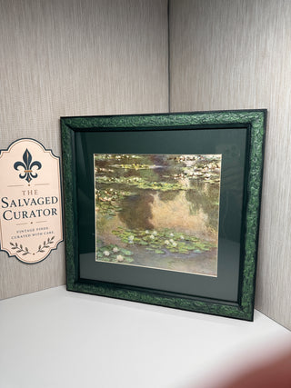 Custom Painted Green Wood Frame featuring Claude Monet Water Lilies Art Book Plate - 13.25" Square
