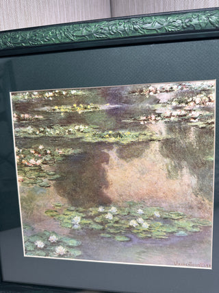 Custom Painted Green Wood Frame featuring Claude Monet Water Lilies Art Book Plate - 13.25" Square