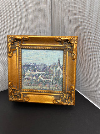 Miniature Impressionist Village Landscape Painting in Ornate Gold Frame (4x4")