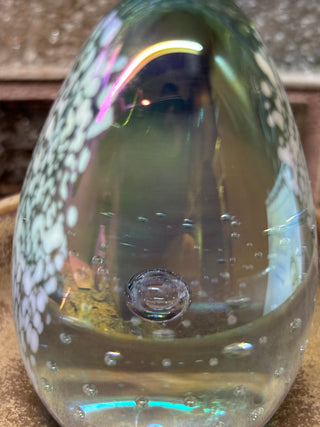 Vintage glass eye, iridescent egg paperweight