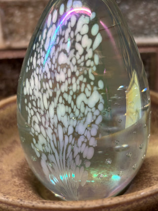 Vintage glass eye, iridescent egg paperweight