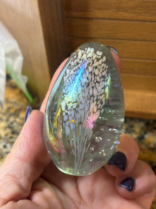 Vintage glass eye, iridescent egg paperweight