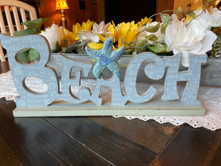 Wood Beach Sign with Ceramic Starfish | Coastal Cottage Shelf Decor