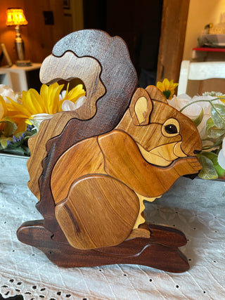 Handcrafted Intarsia Wood Squirrel Sculpture | Jim Prentice | Walnut, Myrtlewood & Cherry
