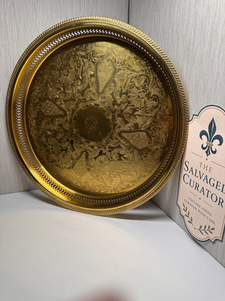 Vintage Leonard Solid Brass 15" Round Gallery Tray Etched Floral Serving Platter