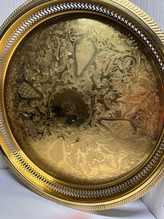Vintage Leonard Solid Brass 15" Round Gallery Tray Etched Floral Serving Platter