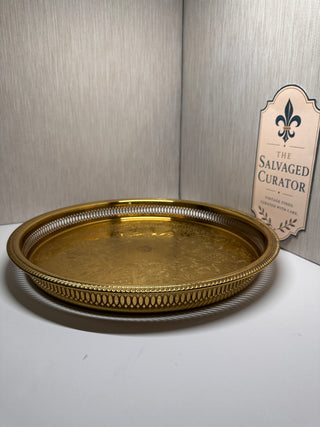 Vintage Leonard Solid Brass 15" Round Gallery Tray Etched Floral Serving Platter