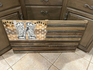 Patriotic Boots On The Ground Wooden Flag