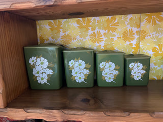 Vtg Green Canisters w/Floral Print (4)