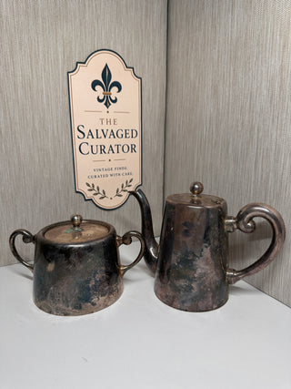 Wallace Silversmiths Silverplate Coffee Tea Pot & Sugar Bowl Set - Heavy Hotel Weight Commercial Holloware, Deep Aged Patina Tarnish