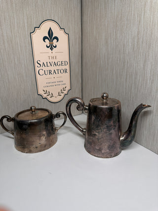 Wallace Silversmiths Silverplate Coffee Tea Pot & Sugar Bowl Set - Heavy Hotel Weight Commercial Holloware, Deep Aged Patina Tarnish
