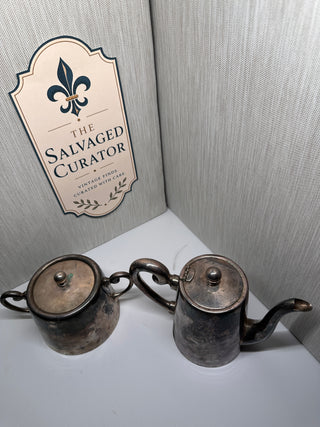 Wallace Silversmiths Silverplate Coffee Tea Pot & Sugar Bowl Set - Heavy Hotel Weight Commercial Holloware, Deep Aged Patina Tarnish
