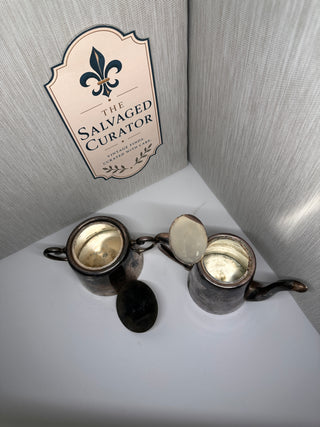 Wallace Silversmiths Silverplate Coffee Tea Pot & Sugar Bowl Set - Heavy Hotel Weight Commercial Holloware, Deep Aged Patina Tarnish
