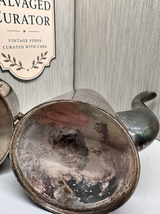 Wallace Silversmiths Silverplate Coffee Tea Pot & Sugar Bowl Set - Heavy Hotel Weight Commercial Holloware, Deep Aged Patina Tarnish