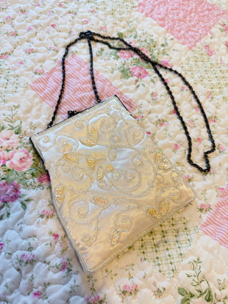 Vintage Ivory Beaded Evening Clutch Purse with Chain Strap – Sequin & Scroll Embroidery